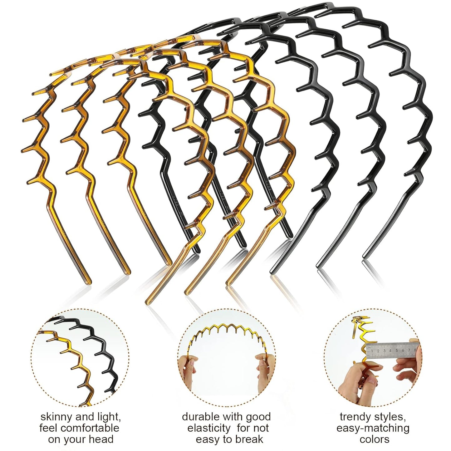 Zigzag Headbands for Women - Non-Slip Wavy Plastic Comb - 6 Pieces | Black & Brown