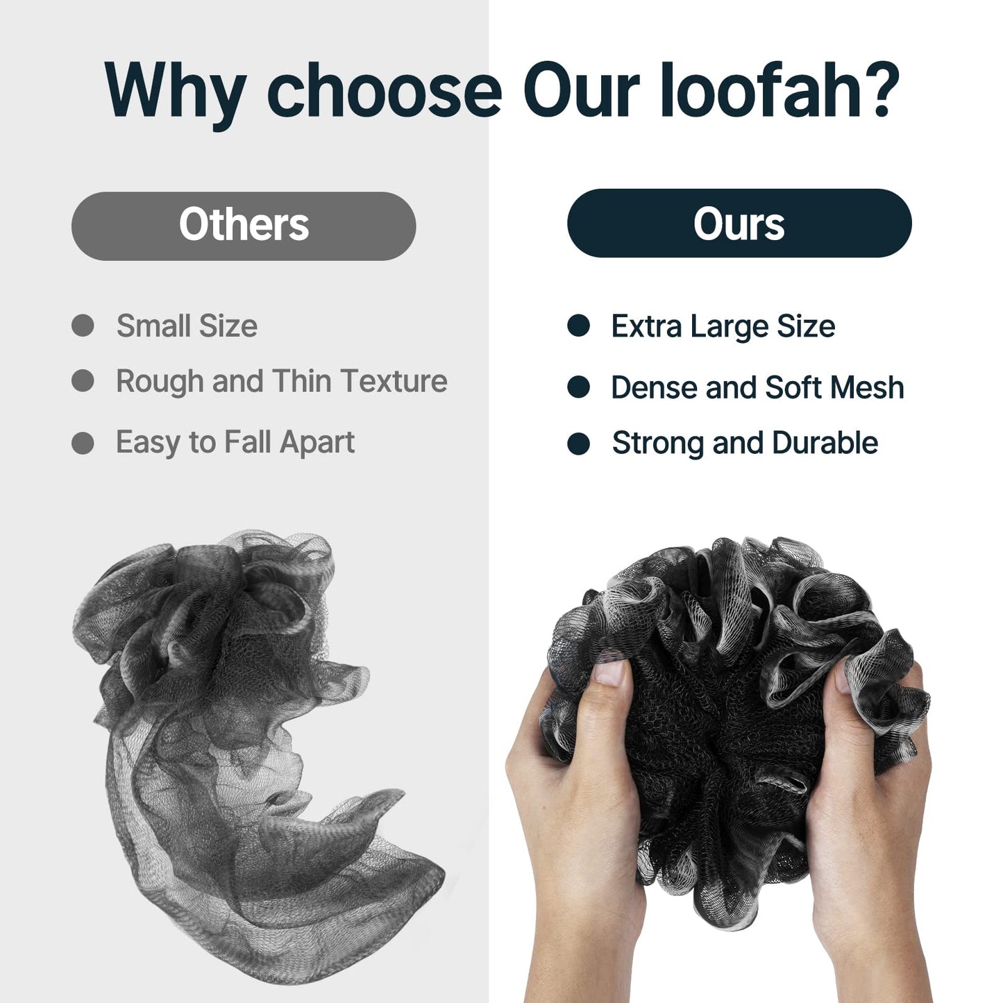 AmazerBath Loofah Sponge, Shower Loofah for Men and Women - Body Scrubber Loofa Set of 3 Classic Black & White Edge, Bath Sponge 60g/PCS