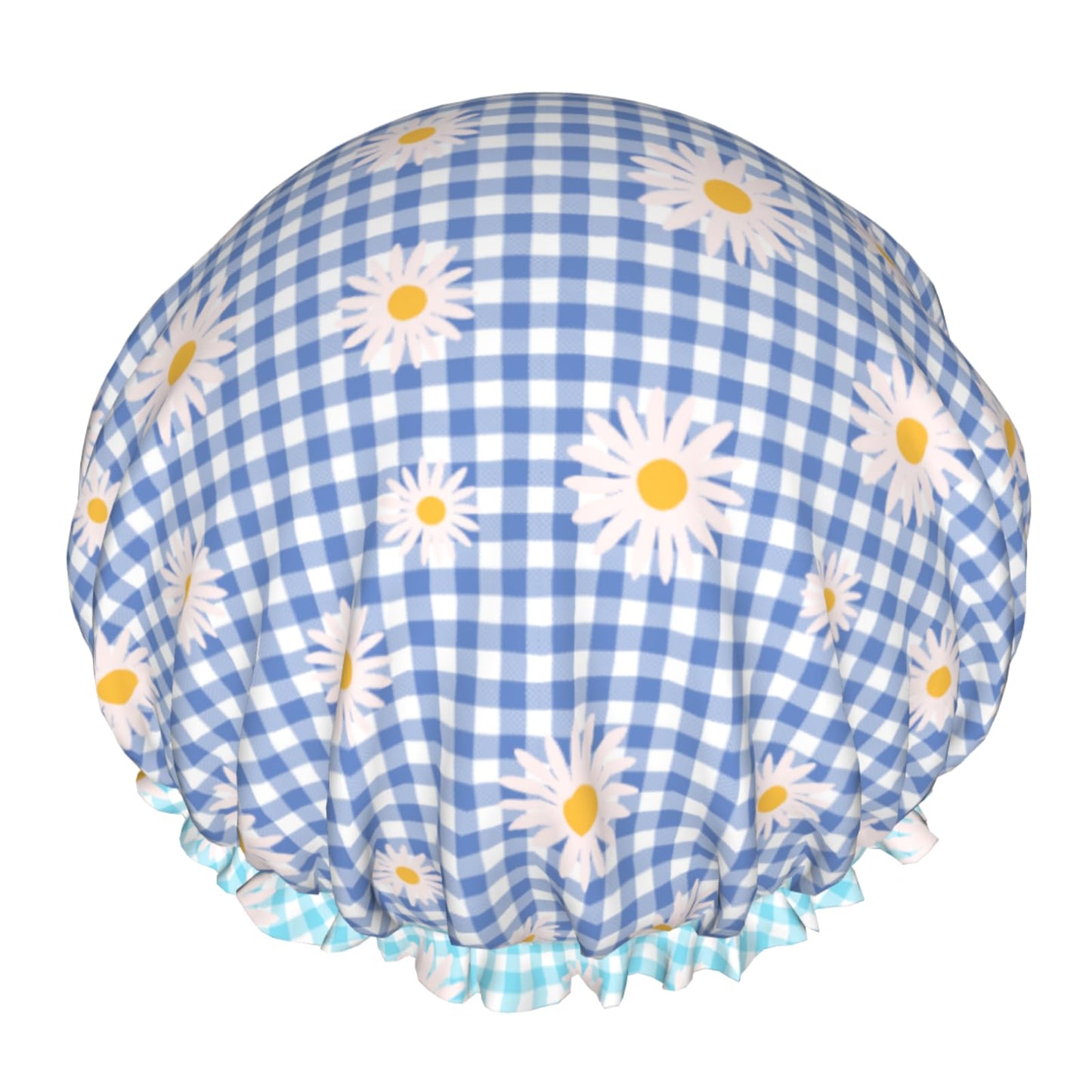 Kwlegh Blue Checkered Shower Caps for Women Daisy Flower Double Waterproof Layers Bath Hat Elastic Reusable Hair Cap for Shower Cooking Clean Makeup