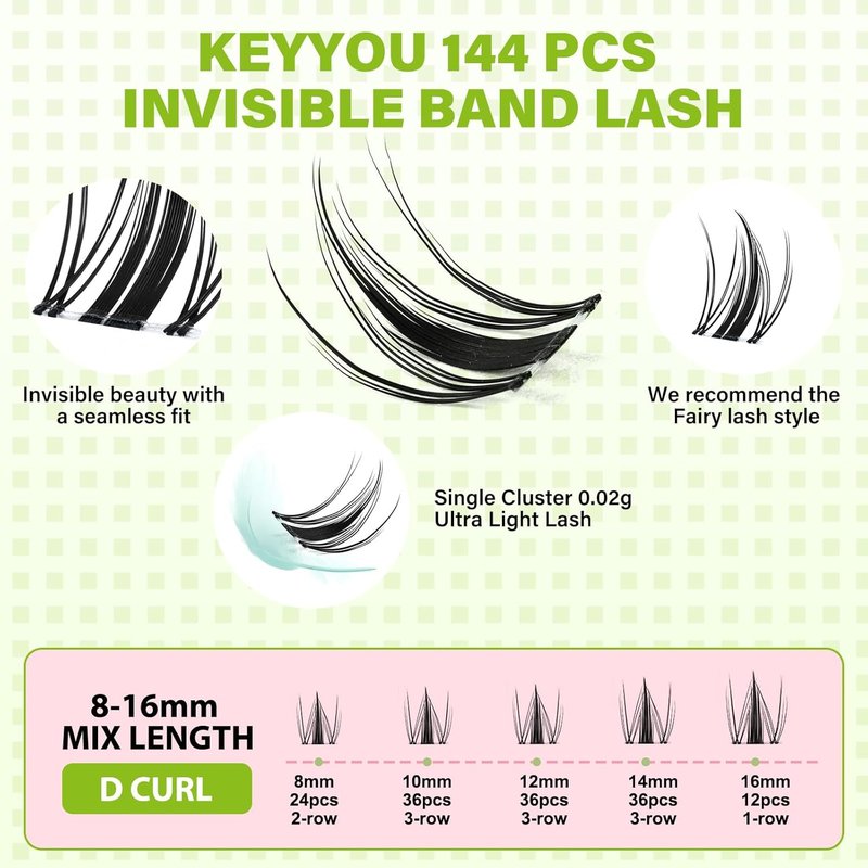 KEYYOU Fairy Lash Clusters - 144 Pcs D Curl Manga Eyelash Extensions | Wispy, Natural Look, Waterproof
