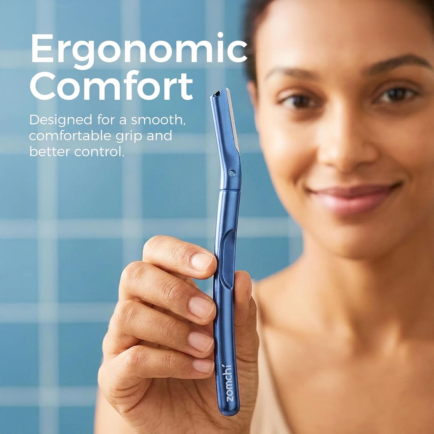 ZOMCHI Dermaplane Razor Set - Reusable Eyebrow Trimmer with 11 Blades & Protective Cap | Matte Blue