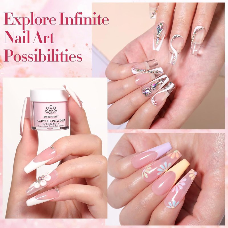 BORN PRETTY Acrylic Nail Kit - Clear, White & Pink Powder with Liquid, Forms, Brush & File | Beginner Friendly