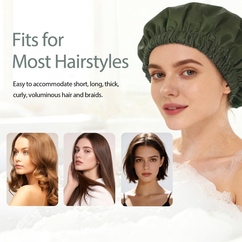 Shower Cap for Women Reusable Waterproof, Large Bath Cap with Elastic Band, Hair Caps for Long Hair and Braids, Green