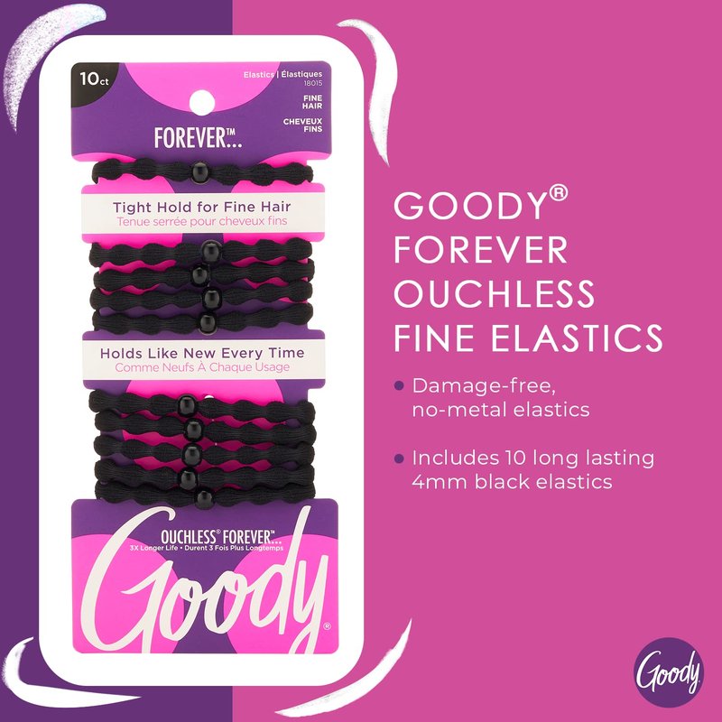Ouchless Fine Hair Elastics - 10 Ct Black Damage-Free Bands | 3X Stronger, Retainable Shape, 16 Strand Core