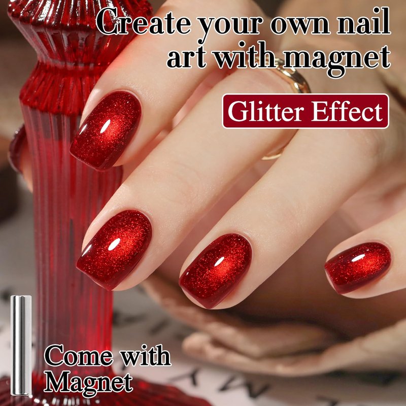 Cat Eye Gel Polish - 0.5 OZ Magnetic Holographic Glitter | Blood Red 15ML Translucent Jelly Color for Salon & DIY Nails