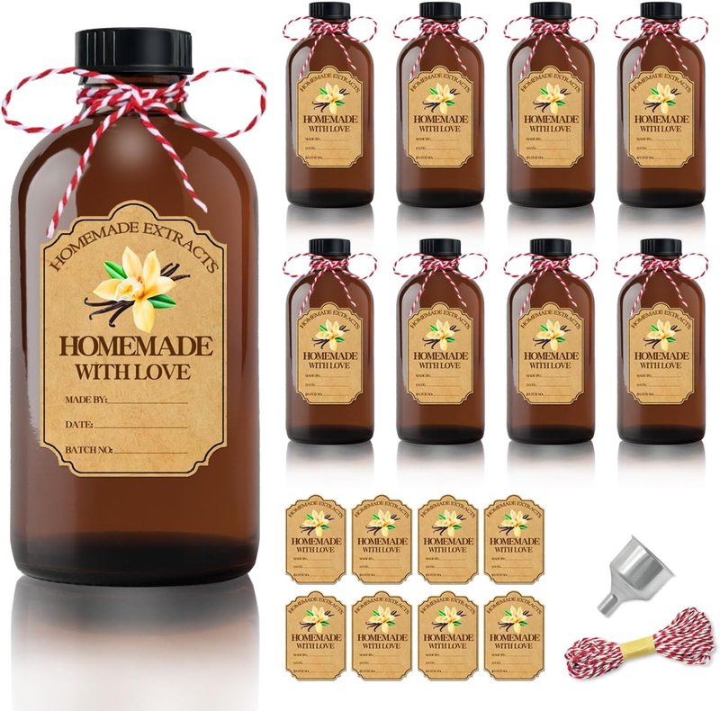 Amber Glass Bottles Set - 8Pcs 4 oz Round Bottles with Caps, Stickers & Funnel | Ideal for Extracts, Syrups & Oils