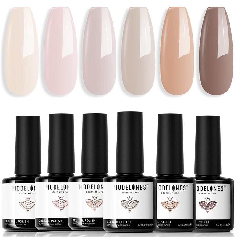 Modelones Nude Gel Nail Polish Set - 6 Neutral Colors for All Seasons | Soak Off Manicure Kit