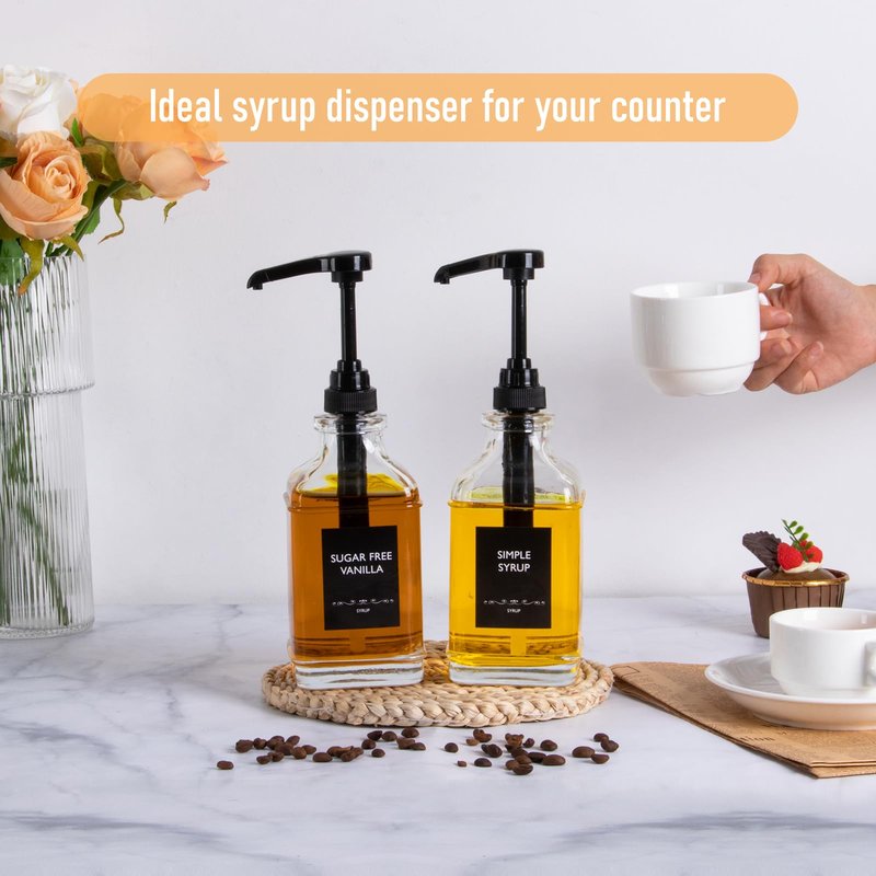 Alotpower 2-Pack 16oz Glass Coffee Syrup Dispenser Bottles, Empty Square Dispenser for Coffee Bar with 1/4oz Pump - Kit Includes 36 Labels & Marker