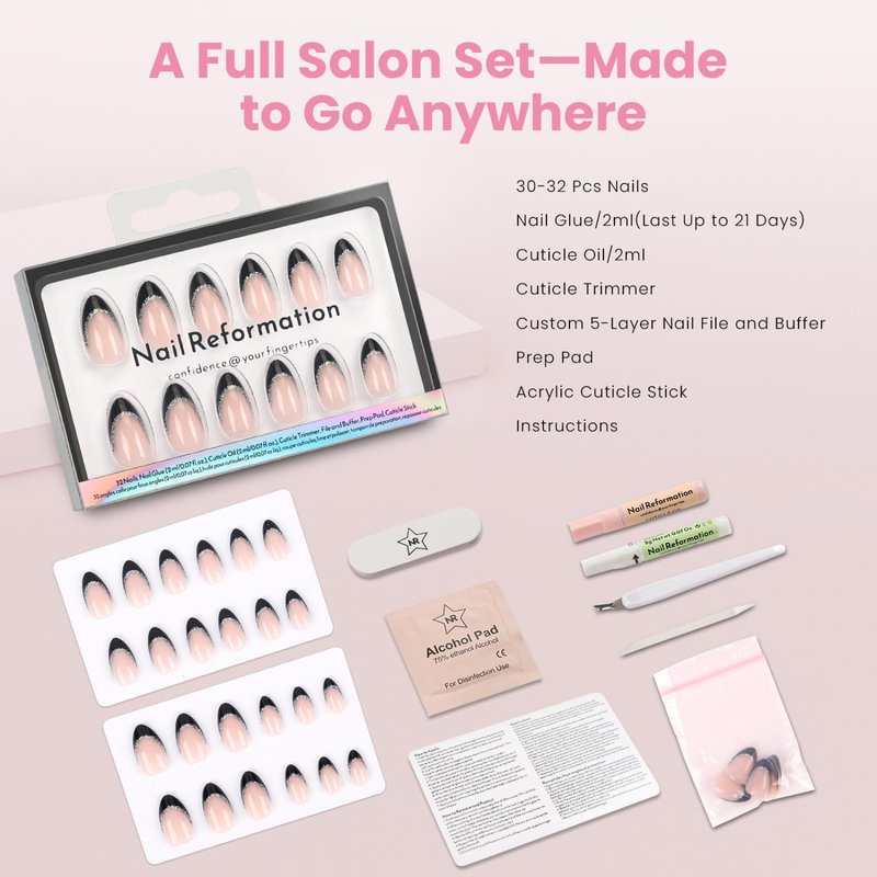 Press On Nails - Silver Lining Black Glitter French Tip | Short Almond Reusable Stick-On Nails, 16 Sizes - 32 Nail Kit for Women