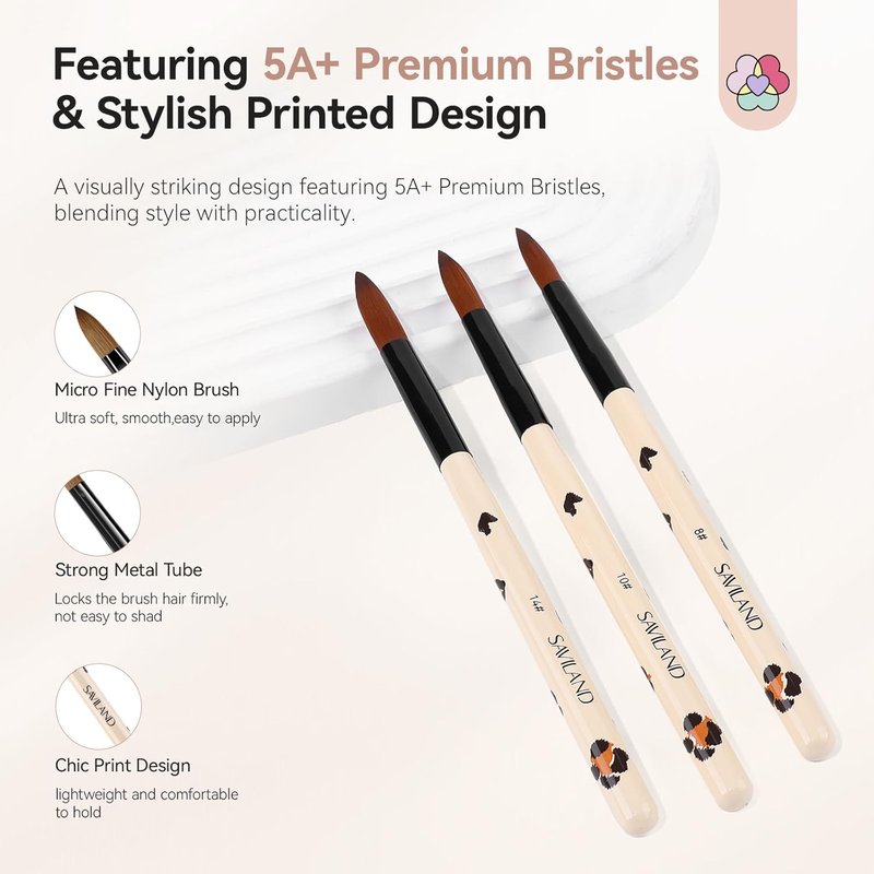 SAVILAND Acrylic Nail Brush Set - 3Pcs Leopard Print for Beginners | Sizes 8/10/14, Professional Nail Art Tools