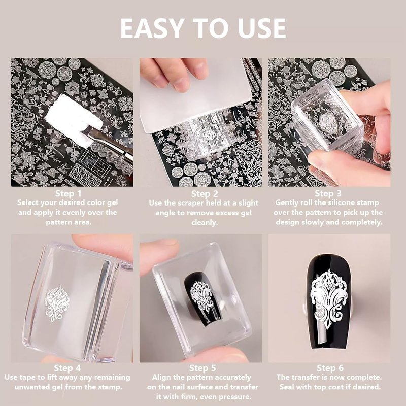 FSpronail French Tip Nail Stamper, Clear Silicone French Tip Tool with Nail Scraper Alcohol-Washable Soft Jelly Stamp Head Manicure Guide for Gel Polish Printing Design Home Salon Nail Art Supplies