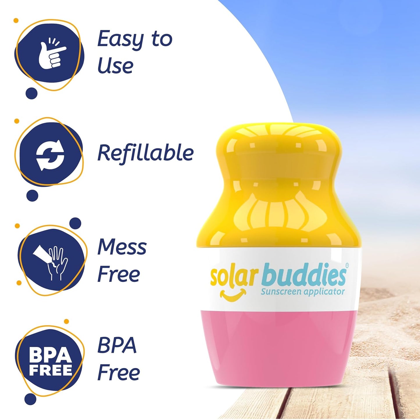 Solar Buddies Sunscreen Applicator - Pink Pack of 2 - BPA-Free Refillable Roll on Sponge Sunscreen, Suncream & Lotion Applicator For Kids, Adults & Families - Holds 3.4fl oz, Perfect Size for Travel