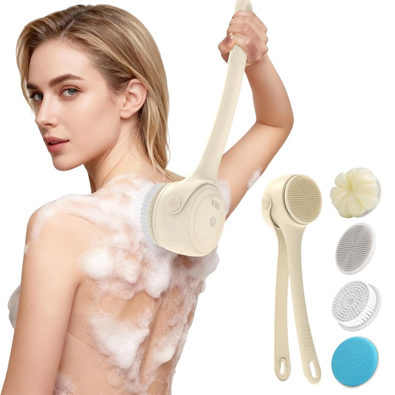 Electric Back Scrubber for Shower - Waterproof Rechargeable Exfoliating Brush for Deep Cleansing, Soft Bristles for Sensitive Skin, Dry/Wet Use for Back, Arms & Legs