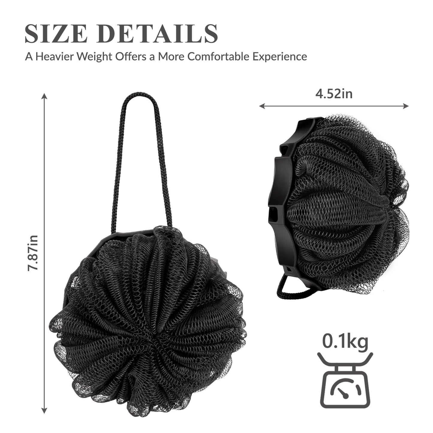 Pumzapapa Black Bath Sponge, Unisex Natural Fiber Bath Sponge, 2-in-1 Loofah Deep Cleansing Body Sponge, Soft and Comfortable, Ideal Body Exfoliating Bath Brush