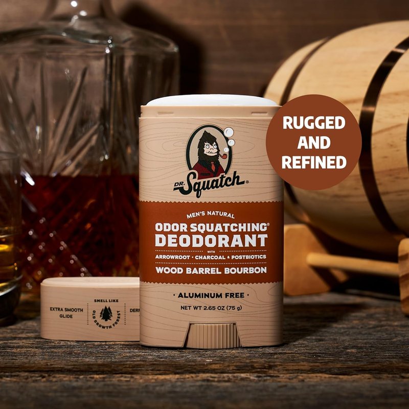 Dr. Squatch Natural Men’s Deodorant – Aluminum Free Natural Deodorant Men with Charcoal & Postbiotics for 72-Hour Odor Protection – Wood Barrel Bourbon, 2.65oz Stick
