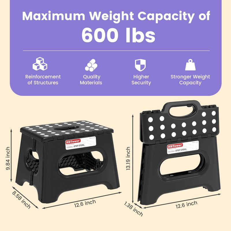HBTower Folding Step Stool 9 Inch - Holds 600 lb, Non-Slip Surface & Carry Handle - Sturdy Step Stool for Kids, Toddlers & Adults - Compact Foldable Foot Stool for Kitchen, Bathroom, Bedroom, Outdoor