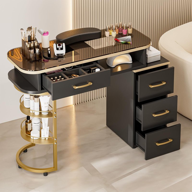 Paddie Manicure Table for Nail Tech, Glass Top Nail Desk Station w/4 Drawers & 2-Tier Storage Shelves, Salon Beauty Workstation Acetone Resistant w/Wrist Cushion, Golden Handles (White)