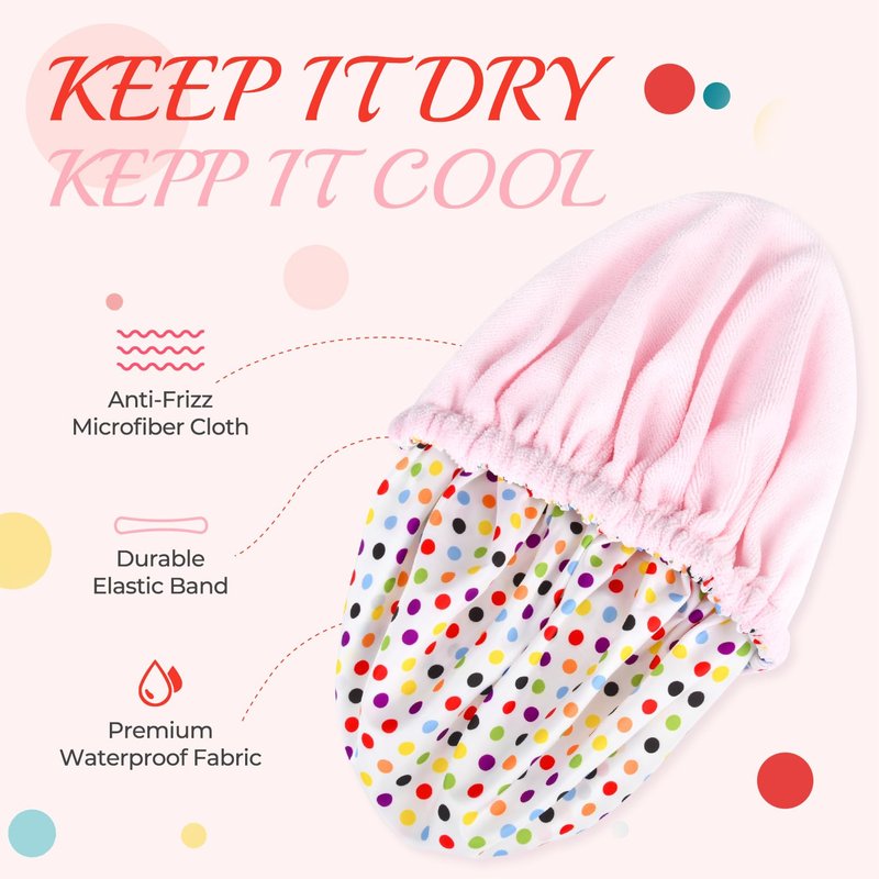 Shower Cap for Women Terry Lined Bath Cap Large Reusable Waterproof Elastic Band Pink Point Shower Caps for Long Thick Hair Soft Bath Shower Hair Caps