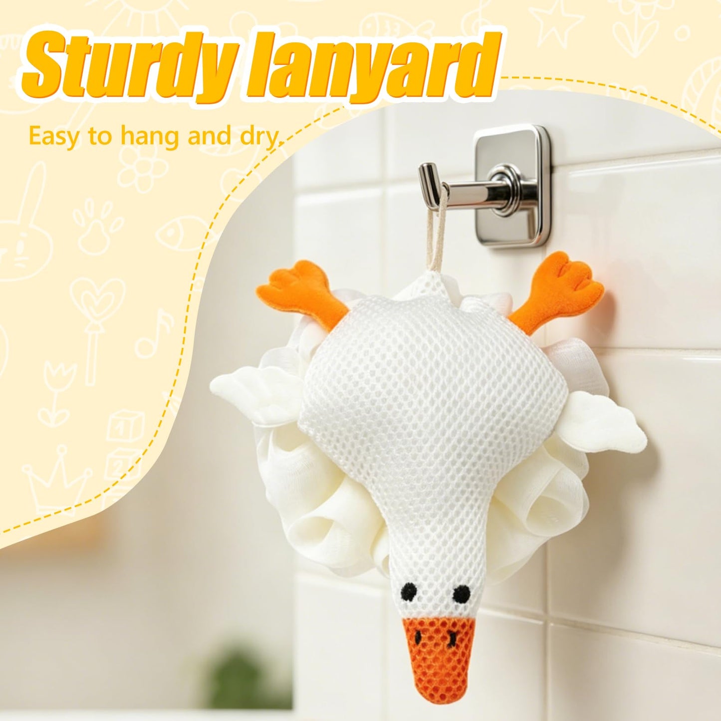 Kids Loofah, Cute Cartoon Animal Kids Bath Sponge with Hanging Rope, Soft Double Mesh for Rich Lather