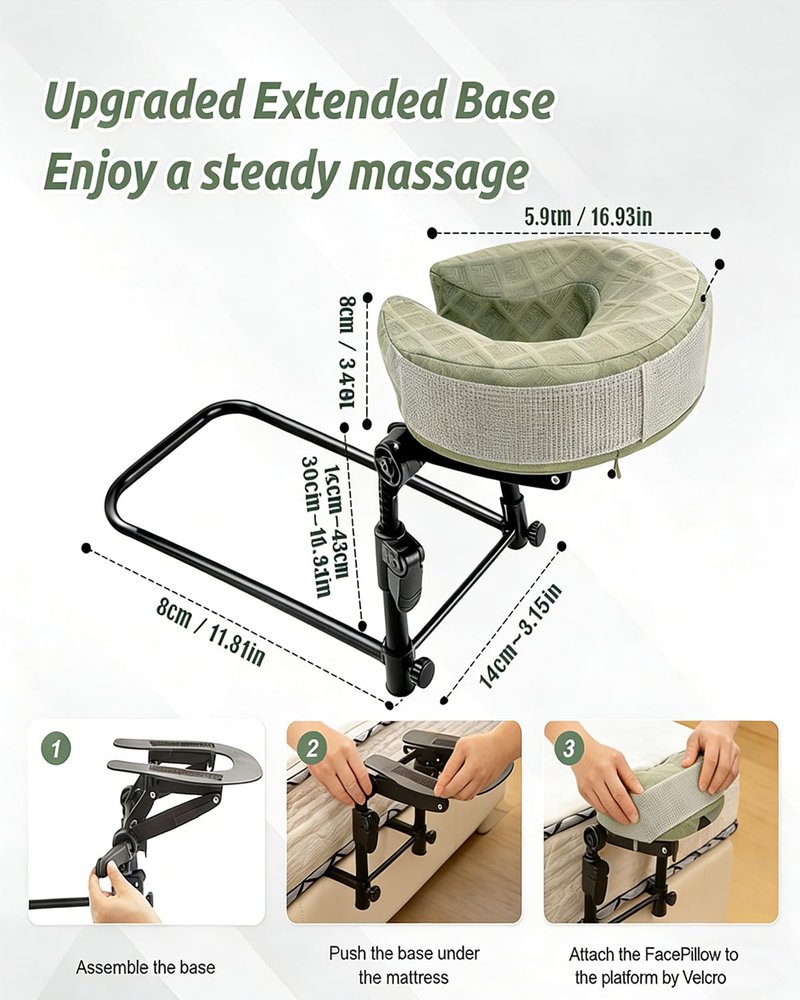 ivebed Massage Headrest for Bed, Adjustable Height Memory Foam Head Holder with Washable Pillow Cover, Portable Home Comfort Face Down Cradle Kit for Rest Neck Shoulder at Mattress (Green)