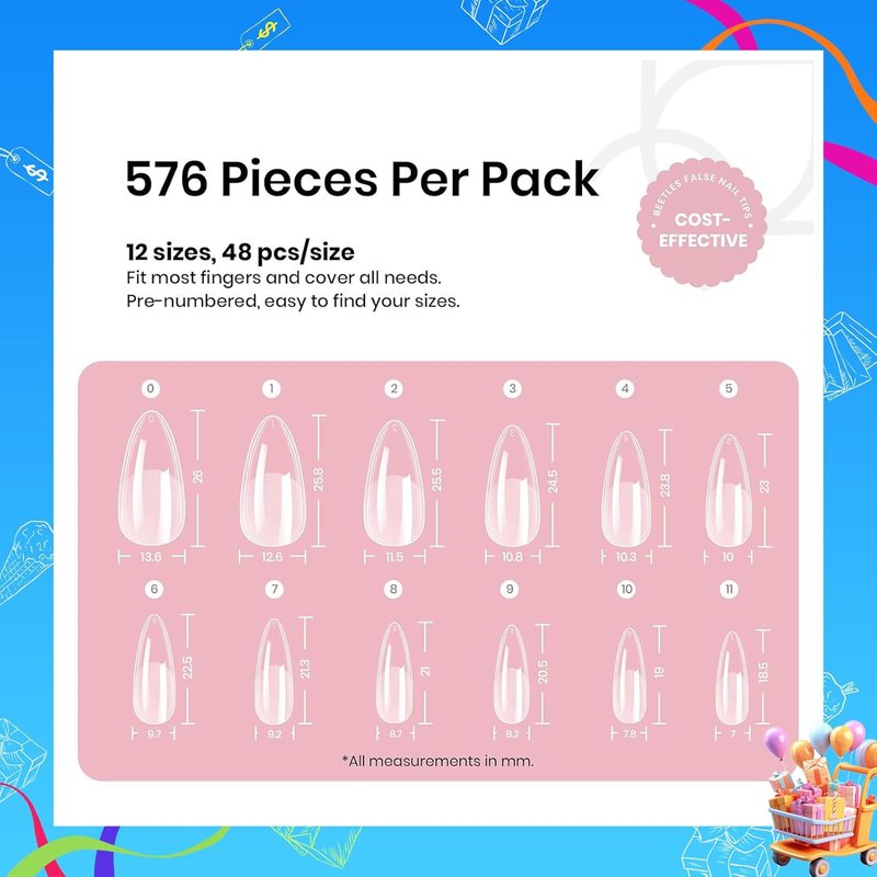Beetles Medium Almond Nail Tips - 576pcs Pre-Etched Soft Tips with 6 Colors Gel Polish Set
