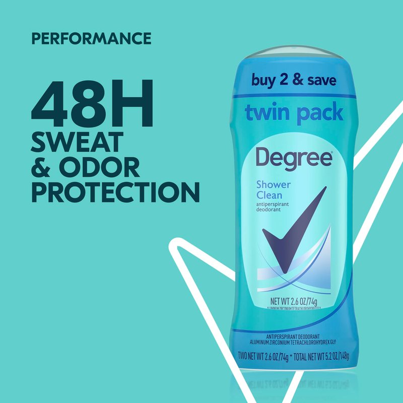 Degree Antiperspirant Deodorant Twin Pack Shower Clean 48-Hour Sweat and Odor Protection Antiperspirant for Women 2.6 oz (Pack of 6)