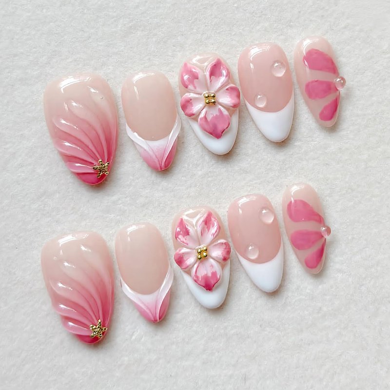 3D Pink Flower Press On Nails Nude Pink Gradient French Tip False Nails with Water Drop & Gold Starfish Decor, Medium Almond Reusable Fake Nails for Women Wedding Date (30 Pcs)