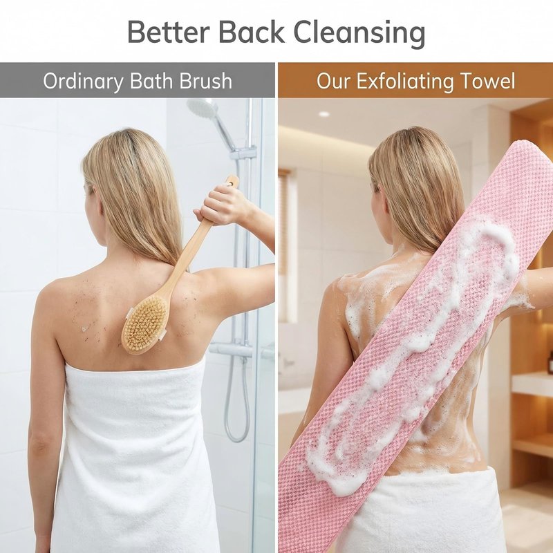 Kopdisp Cotton-Blend Exfoliating Shower Towel, 39 x 10 in Japanese/Korean-Style Back Scrubber for Shower, Dual-Sided Body Scrubber Washcloth, Quick-Dry Bath Towel for Men and Women (Pink)