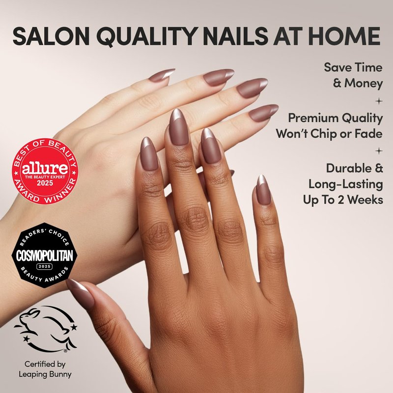 Glamnetic Press On Nails - Terra Short Almond Dark Brown Fake Nails | Glossy French Tips, Salon Quality, 30 Nail Kit with Glue