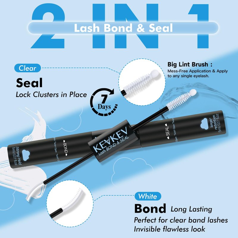 KEVKEV Lash Cluster Glue Upgraded Clear Lash Glue 7 Days Long Lasting 2-3S Fast Dry Lash Bond and Seal 2 in 1 Waterproof Latex-Free Easy To Apply (Clear 10ML)