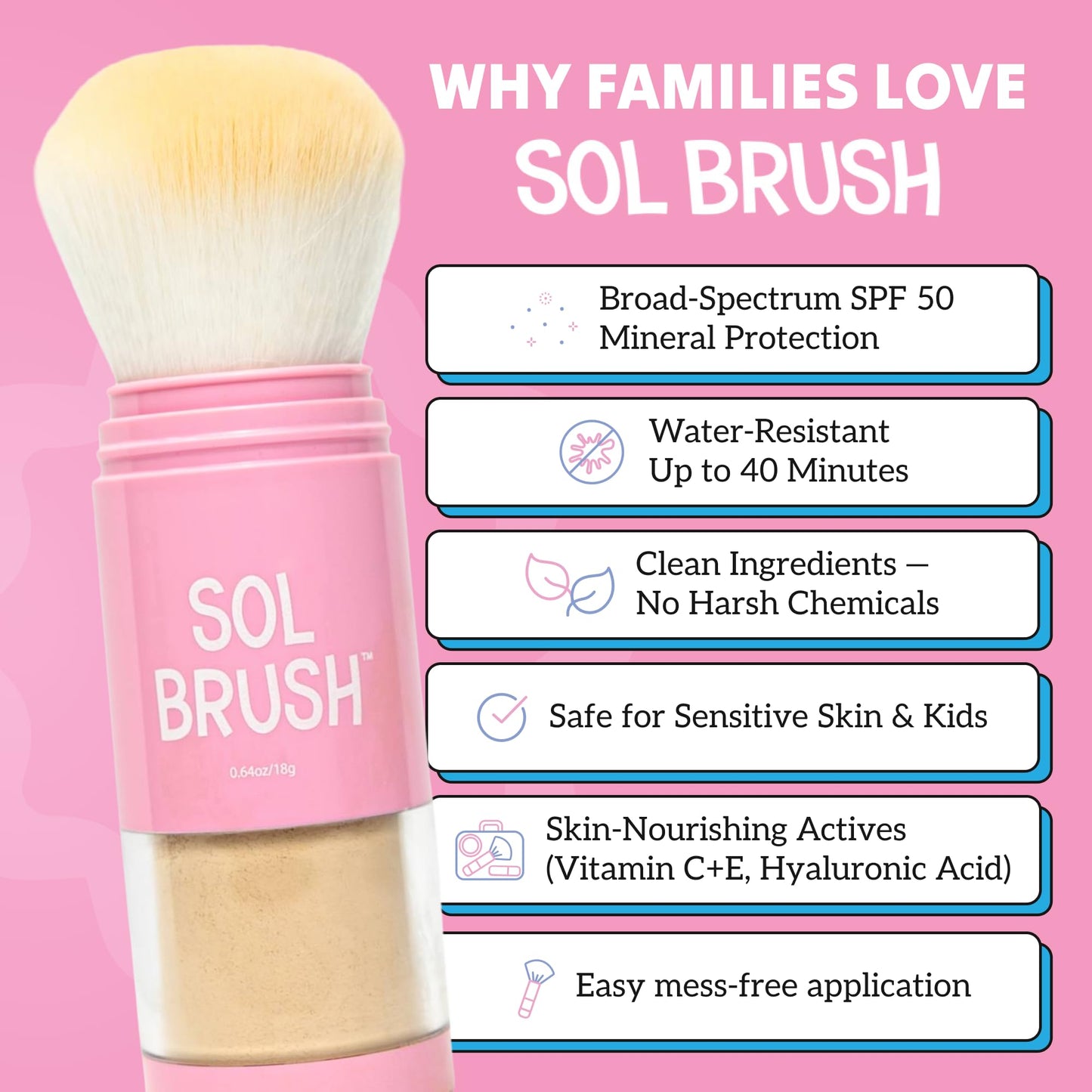 Sol Brush SPF 50 Mineral Sunscreen Powder, Broad Spectrum UVA/UVB Protection Sunscreen, Mess Free Brush On Applicator, Clean & Cruelty Free, Water Resistant (80 Minutes), Pink, Fair