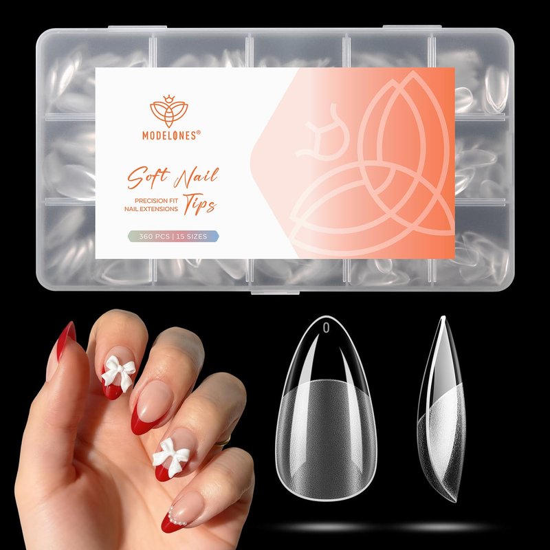 modelones Gel Nail Tips 3D Gel Kit Rhinestone Glue, 360pcs Pre-Etched Clear Fake Nails Press On Full Cover Half Matte 15 Sizes Acrylic Tips for Extension Salon