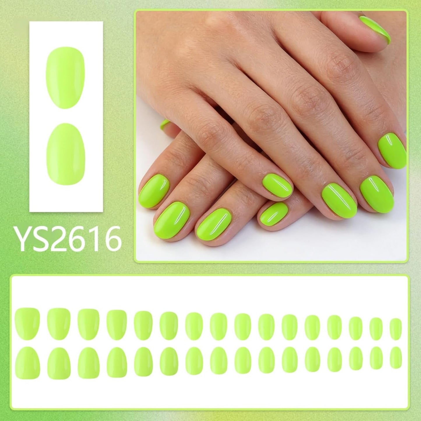 Skiennix Neon Green Press On Nails - Glossy Short Almond Full Cover | 32 Pcs for Stunning Manicures