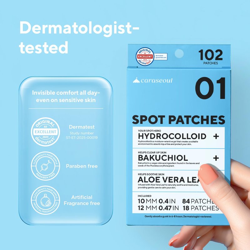 caraseoul Pimple Patches, 2 Size Hydrocolloid Acne Patch for Zits and Blemishes, Bakuchiol & Aloe Vera, Korean Skin Care, Easy to Use – Dermatology Tested (102 Count)