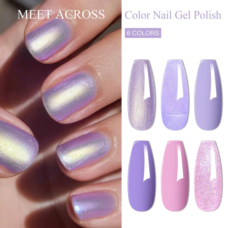 MEET ACROSS Gel Nail Polish Set 6 Colors Purple Glitter Gel Nail Polish Neutral Pearl Pink Shimmer Mermaid Nail Drawing Soak Off LED Art Kit Salon DIY Gift for Women