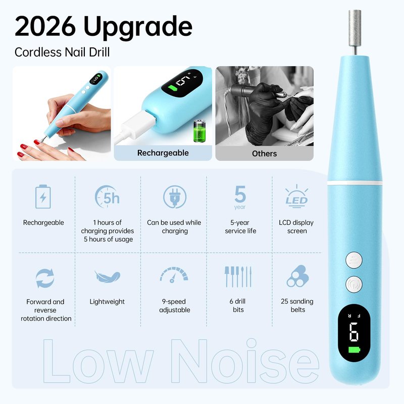 Electric Nail Drill Kit, Electric Nail File Cordless Nail Drill Machine for Acrylic Gel Dip Powder Nails, Professional Portable Manicure Pedicure Rechargeable Lightweight for Home Salon Use