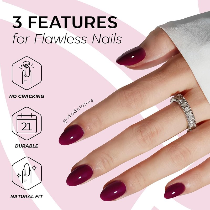 modelones Short Press on Nails, Oval Fake Nails Kit Press Ons with Nail Glue, Adhesive Tabs, Nail File, Prep Pad, Manicure Stick, 32Pcs 16 Sizes, Burgundy, Spring Women Girl Gift