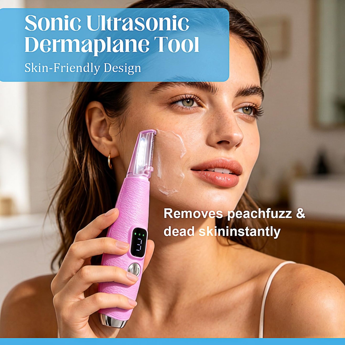 Sonic Dermaplane Razor for Women Face with 12 Refill Blades, Dermaplaning Tools for Peach Fuzz & Exfoliation, Eyebrow & Face Hair Remover,3 peeds,LED, Rechargeable Dermaplane Razor,Pink