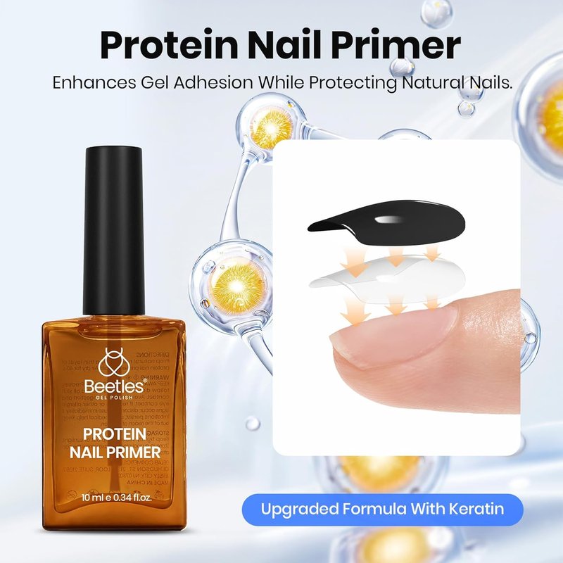 Beetles Protein Nail Prep Dehydrator & Primer - Hema-Free, Acid-Free Bond Primer for Gel & Acrylic Nails | Matte & Glitter Top Coat Set