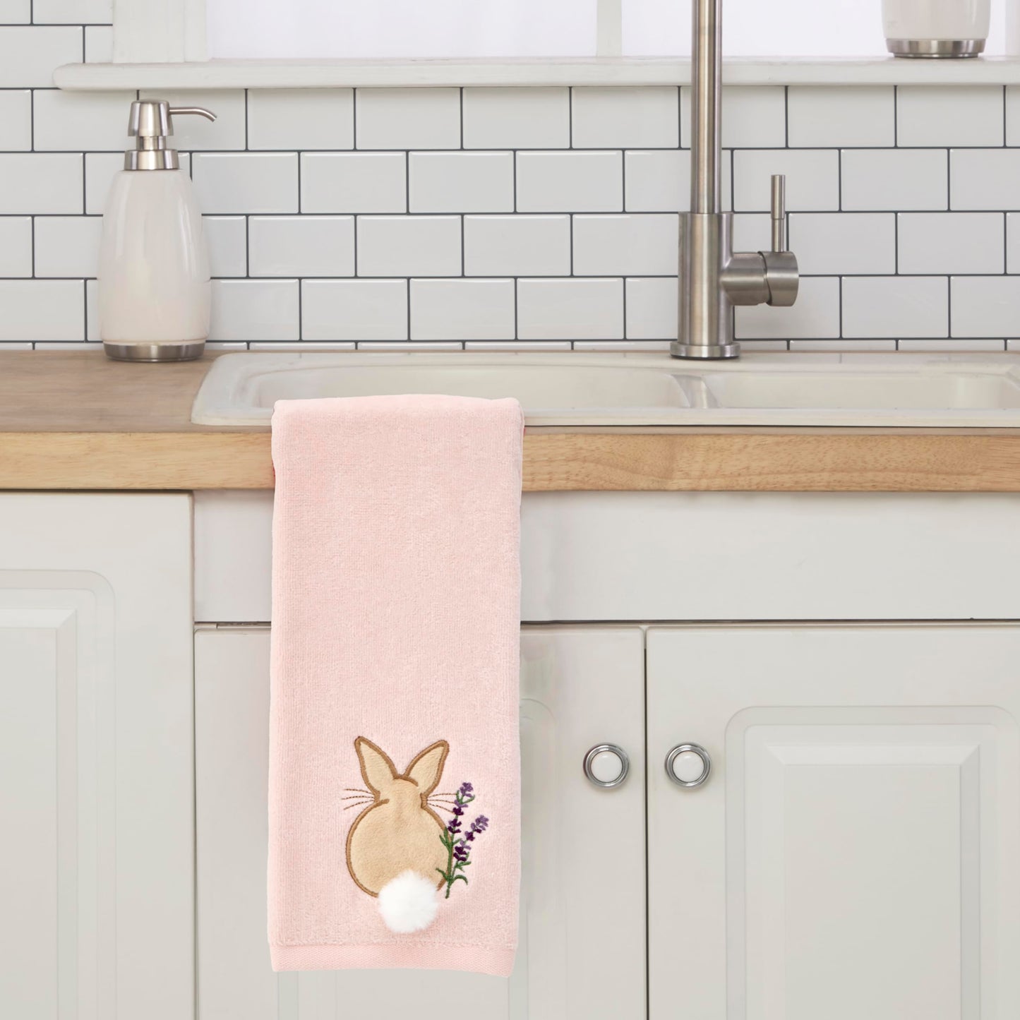 SKL Home Easter Cotton Tail 100% Cotton Embroidered 2pc Hand Towel Set with 3D Embellishment, Decorative for Bath/Kitchen/Bar & Gift, Pink