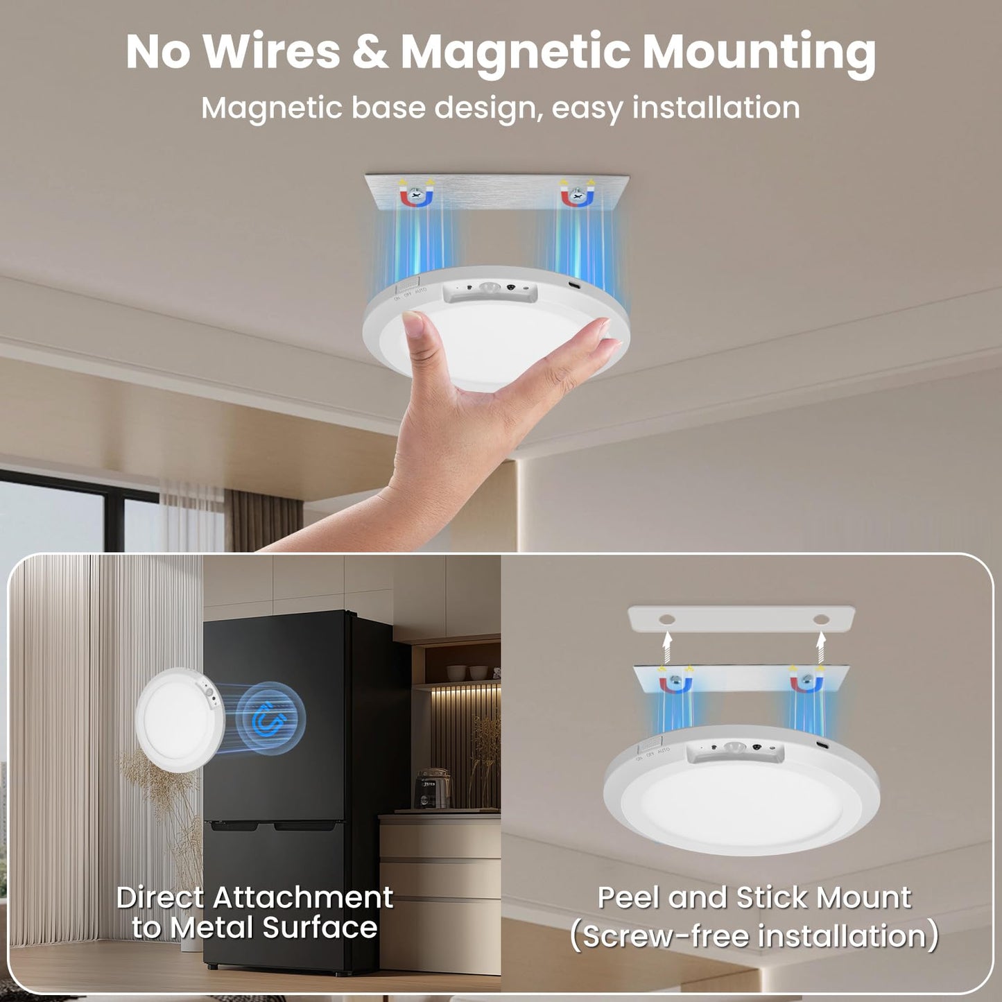 HLCZLUZ Rechargeable Motion Sensor Ceiling Light Indoor Outdoor w/Remote, 7.08 Inch Battery Operated Flush Mount Ceiling Light 3000K 4000K 6000K 400LM Dimmable for Closet Hallway Laundry Stairs (1)