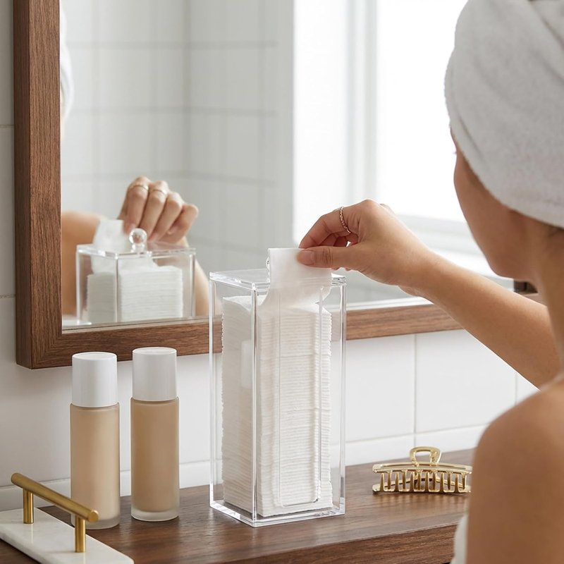 Clean Skin Club Acrylic Cotton Pad Dispenser - Vertical Storage Box with Lid for Easy Access