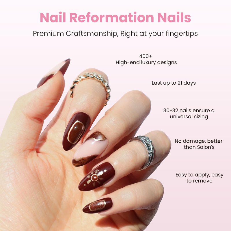 Nail Reformation Press On Nails, Sun Stone | Medium Almond Fake Nails with 3D Golden Shimmer on Amber Glow Base in Glossy Finish, Reusable Stick On Nails in 15 Sizes - 30 Nail Kit for Women Gifts