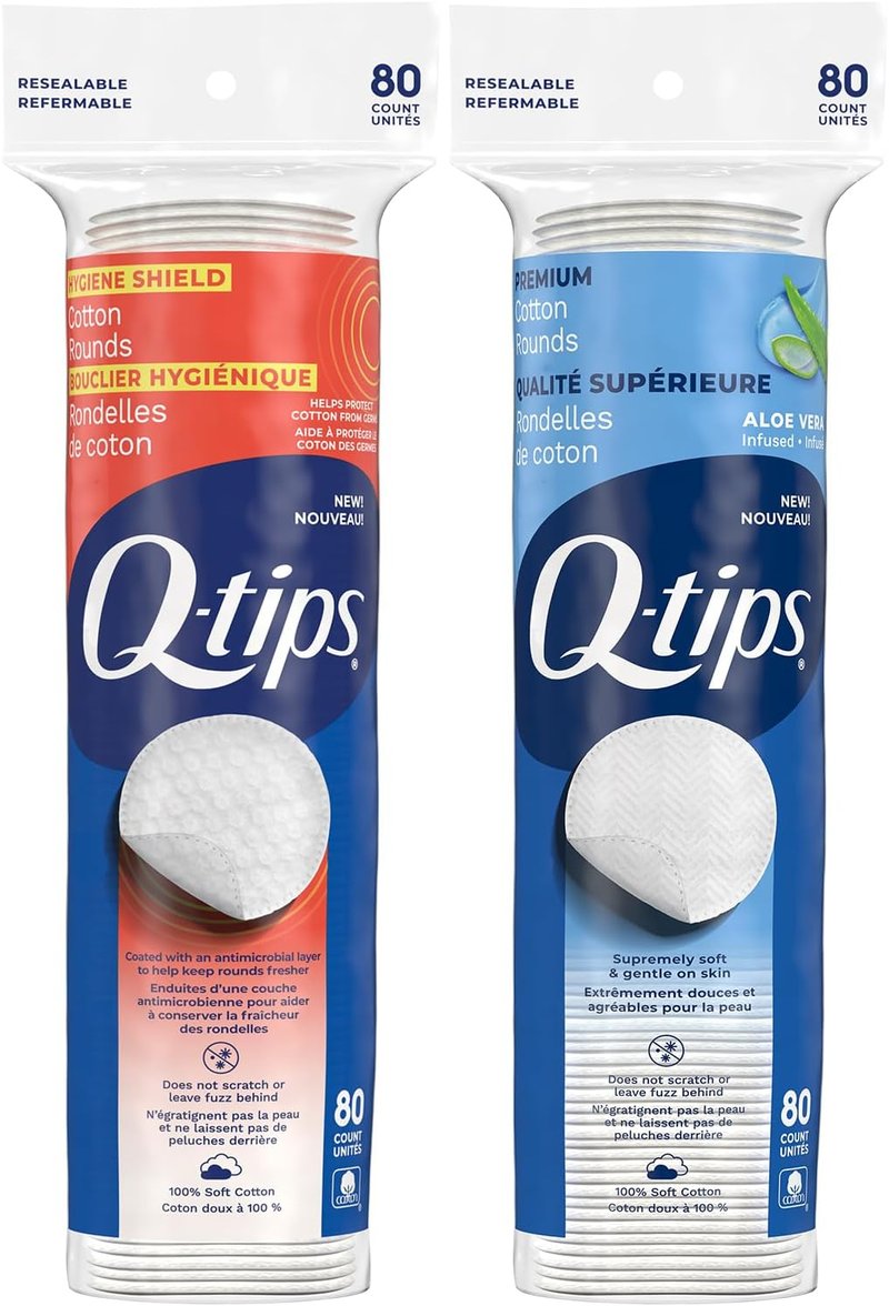 Q-tips Cotton Rounds - Premium Lint-Free Makeup Remover Pads | 100% Cotton, 80 Count for Skin Care