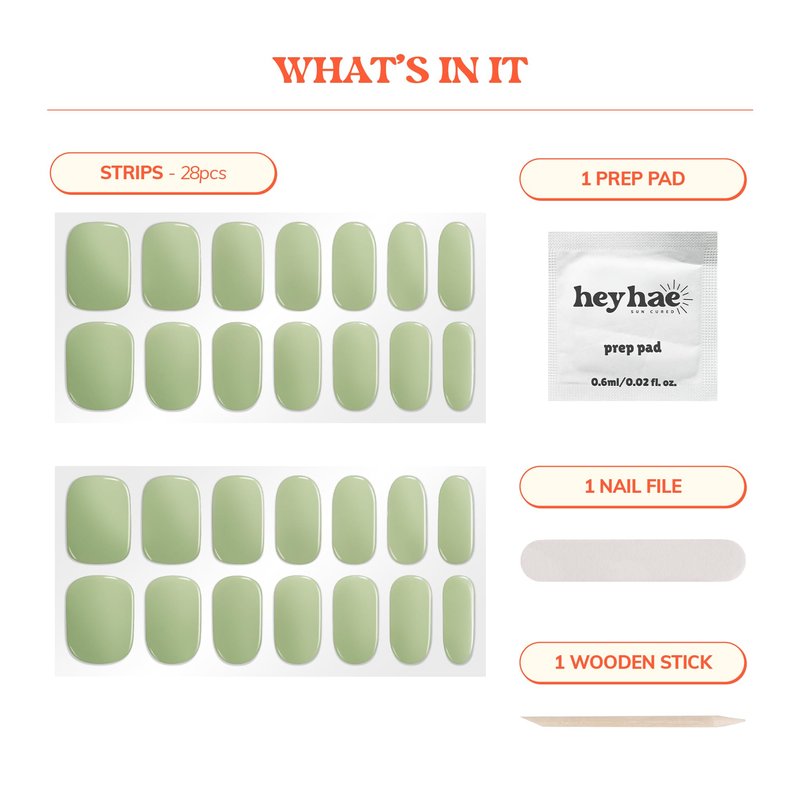 Heyhae Semi Cured Gel Nail Strips | No LED Lamp Needed | Solid, Green, Spring | Easy Apply & Remove, Salon Quality | Includes 28 Strips, 1 Prep Pads, Nail File & Wooden Stick - Hey, Matcha Girly