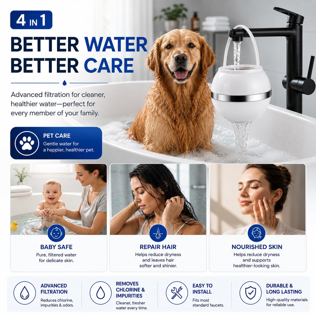 Crystal Quest Bath Ball Filter for Tub Faucet, Bathtub Water Filter, BPA-Free Bathtub Filter, Removes Chlorine, Lead & Impurities, Improves Skin, Hair & Nails, Long Lasting, Fits Most Tubs - White