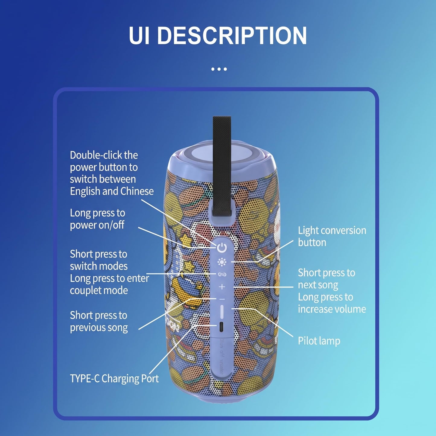 Cute Cartoon Bluetooth Speaker for Girls & Teens, Kawaii Portable Wireless Speaker with RGB Sync Lights, BT 5.3, TWS Pairing, IPX5 Waterproof, 20H Playtime, Birthday Gifts & Room Decor (Blue)