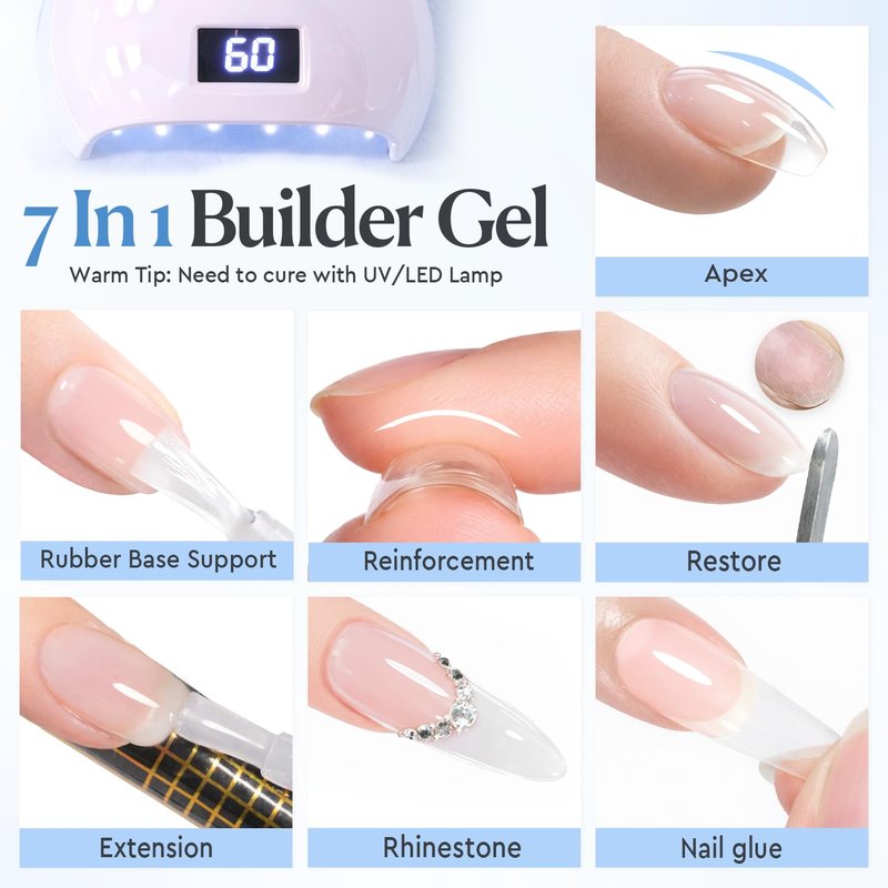 Clear Builder Gel for Nails - 7-in-1 Self-Leveling Nail Strengthener | 18ml UV/LED Soak Off for Apex, Extension & Overlay