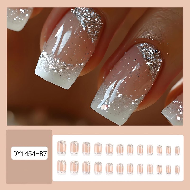SINSEN French Tip Press on Nails Short Square Fake Nails Cute Glue on Nails Glossy Glitter Acrylic Nail Kit Winter Nail Art Decorations Full Cover White French Designs Stick on Nails for Women 24Pcs