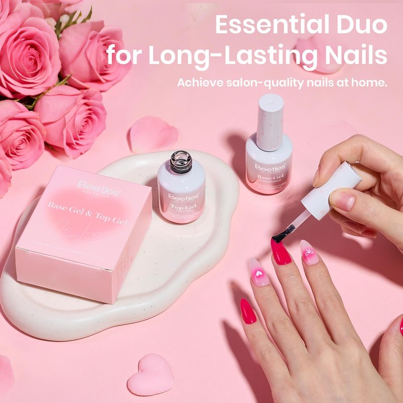 Beetles Gel Base and Top Coat Set, 2Pcs 15ml No Wipe Top Coat Gel Nail Polish & Strong Adhesion Base Coat Long Lasting UV Lamp Needed Nail Art Design Manicure Gifts for Women